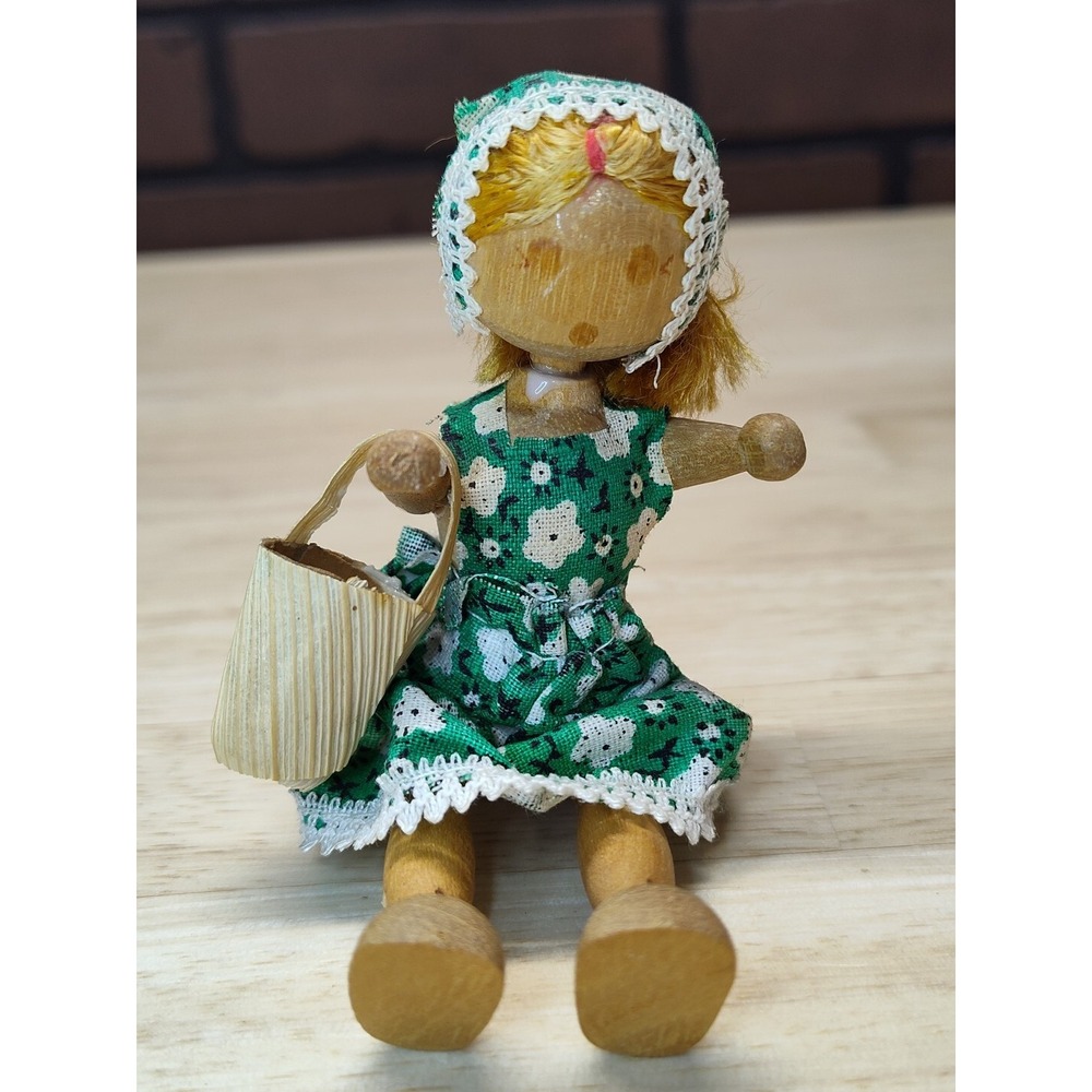 Wooden Doll green dress gathering basket jointed vintage Holland?